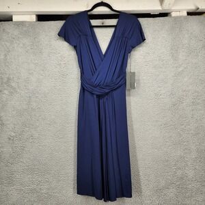 Alberta Ferretti Navy Blue Draped V-Neck Midi Dress USA 4 Italy 40 NWT $1400